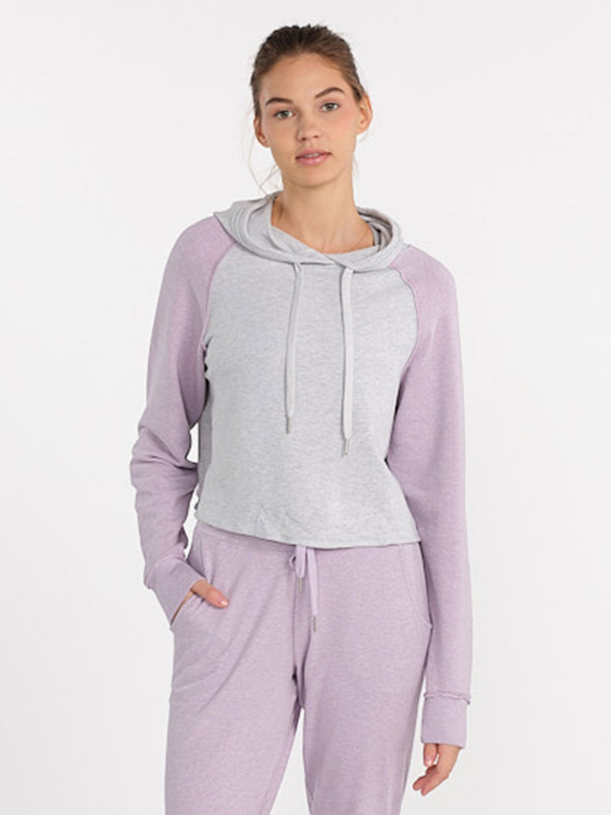 Varsity Crop Hoodie (LightHeatherGray/DigitalPurpleHeather)