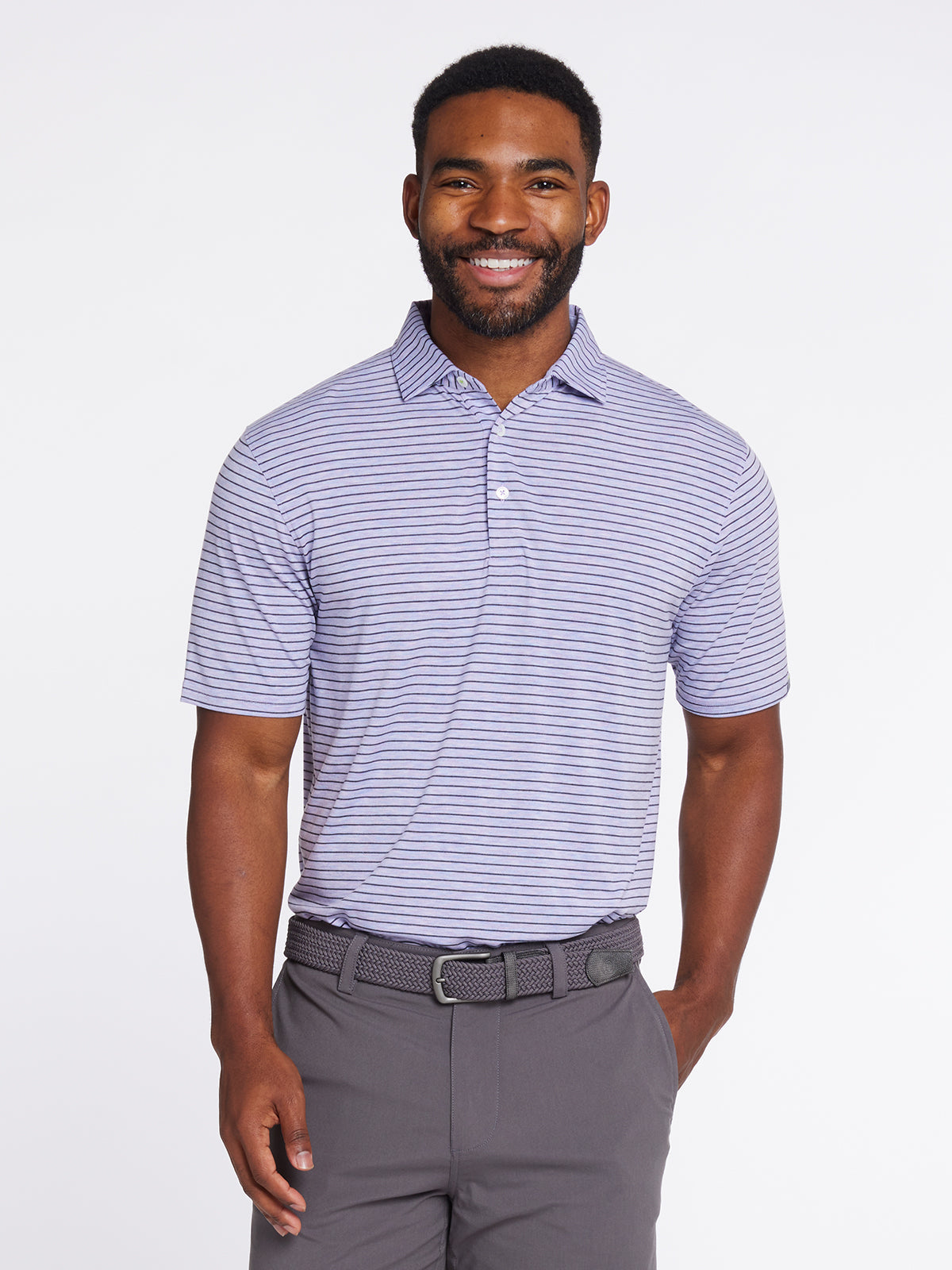 MicroAir Polo Brookline Stripe Golf Shirt - tasc Performance (LavenderHeather/BlackHeather)