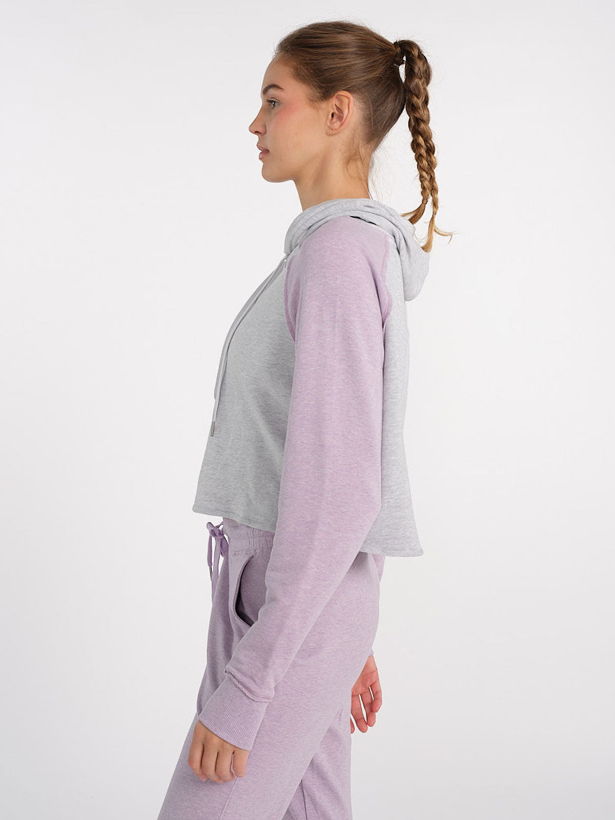 Varsity Crop Hoodie (LightHeatherGray/DigitalPurpleHeather)